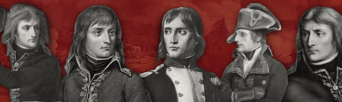 Series of pictures of young napoleon Bonaparte in front of a battle red background