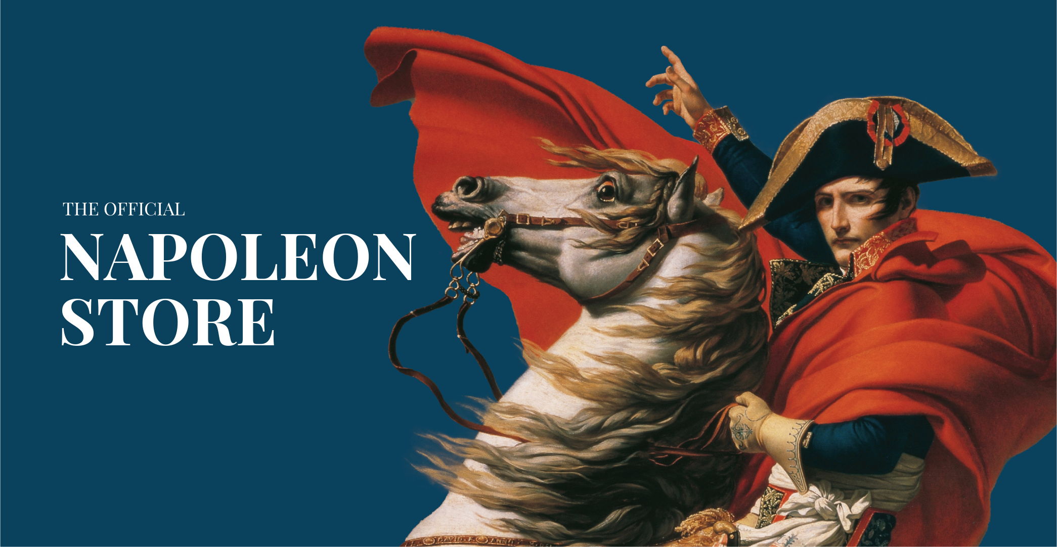 Painting of a man in Napoleon attire with a horse, featuring the text 'The Official Napoleon Store' on a blue background.