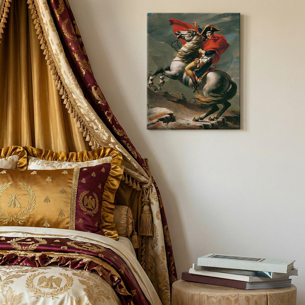 Bed with Napoleonic First French Empire Linen while behind on the Wall is a Canvas with the Emperor
