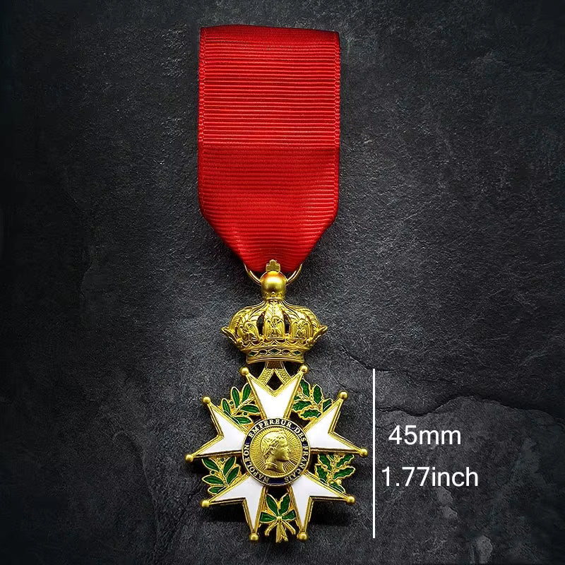 Gold medal with red ribbon on a dark textured background