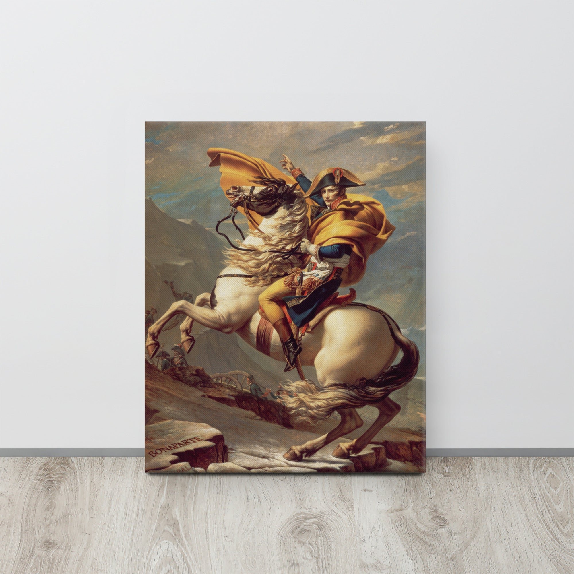 Canvas of Napoleon Bonaparte how he poses on his white horse surrounded by mountains