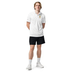 Person wearing a white polo shirt with a logo and black shorts on a white background