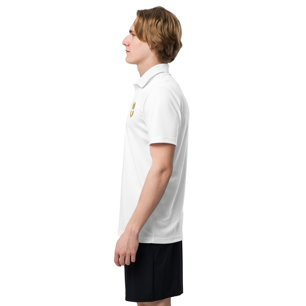 Person wearing a white polo shirt with a logo on a white background