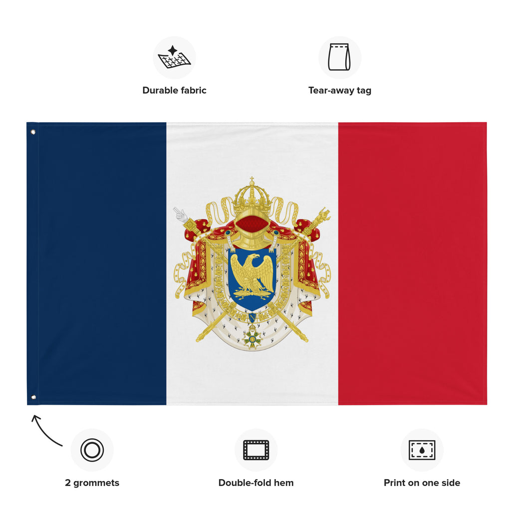 Flag with a coat of arms design on a white background, featuring durable fabric, tear-away tag, 2 grommets, double-fold hem, and print on one side.