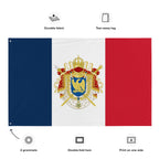 Flag with a coat of arms design on a white background, featuring durable fabric, tear-away tag, 2 grommets, double-fold hem, and print on one side.