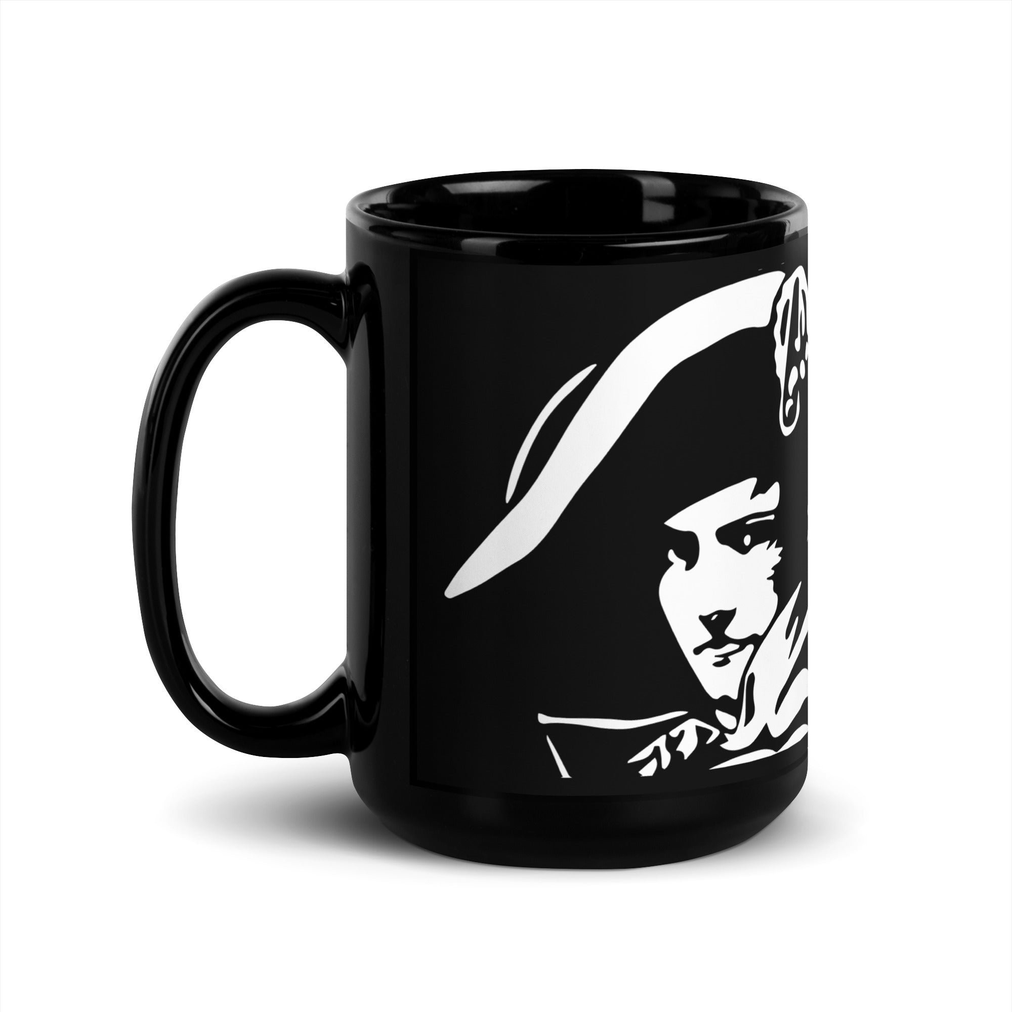 Black mug with a white graphic design on a white background as souvenir