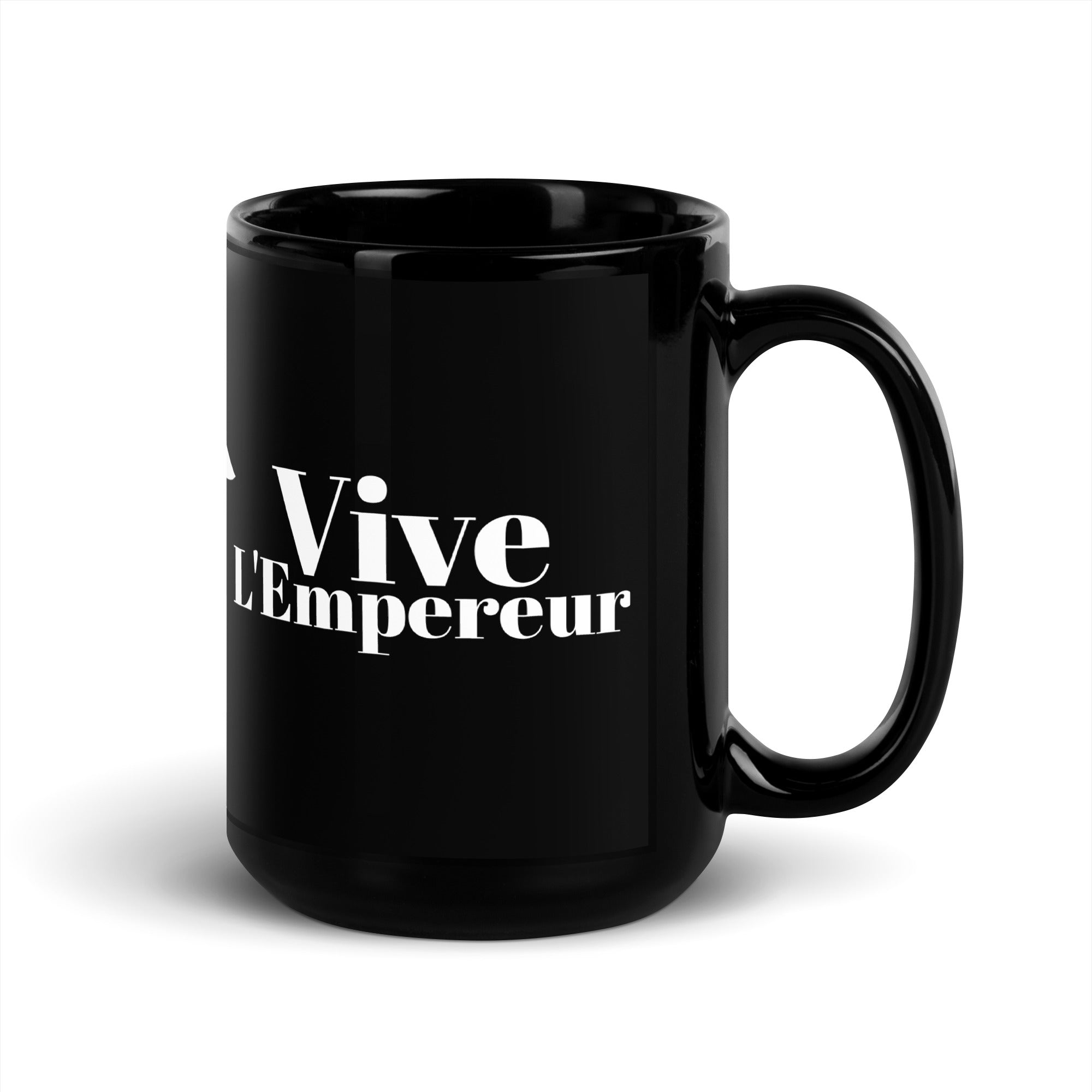 Black mug with 'Vive L'Empereur' text on a white background as souvenir