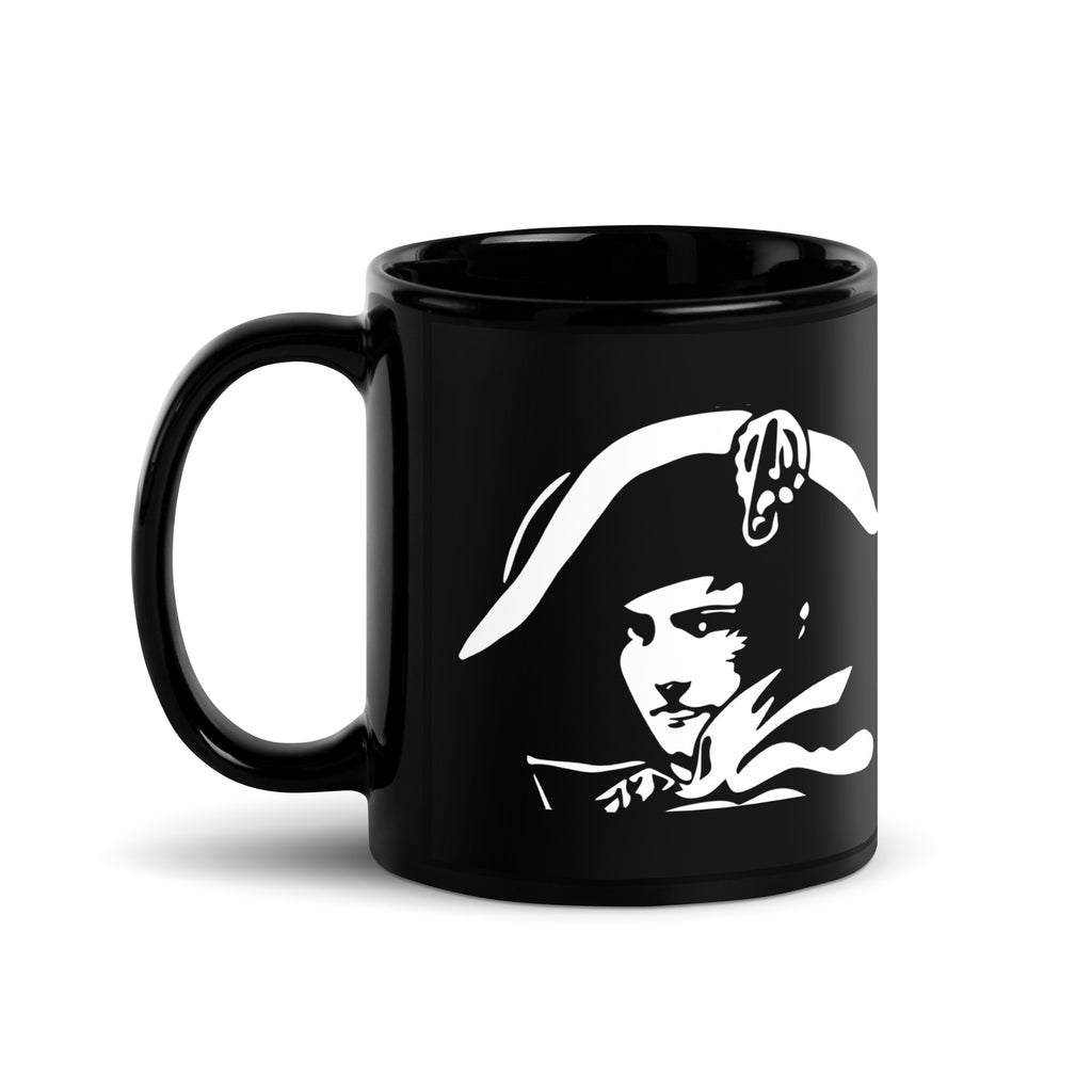 Black mug with white graphic design on a white background