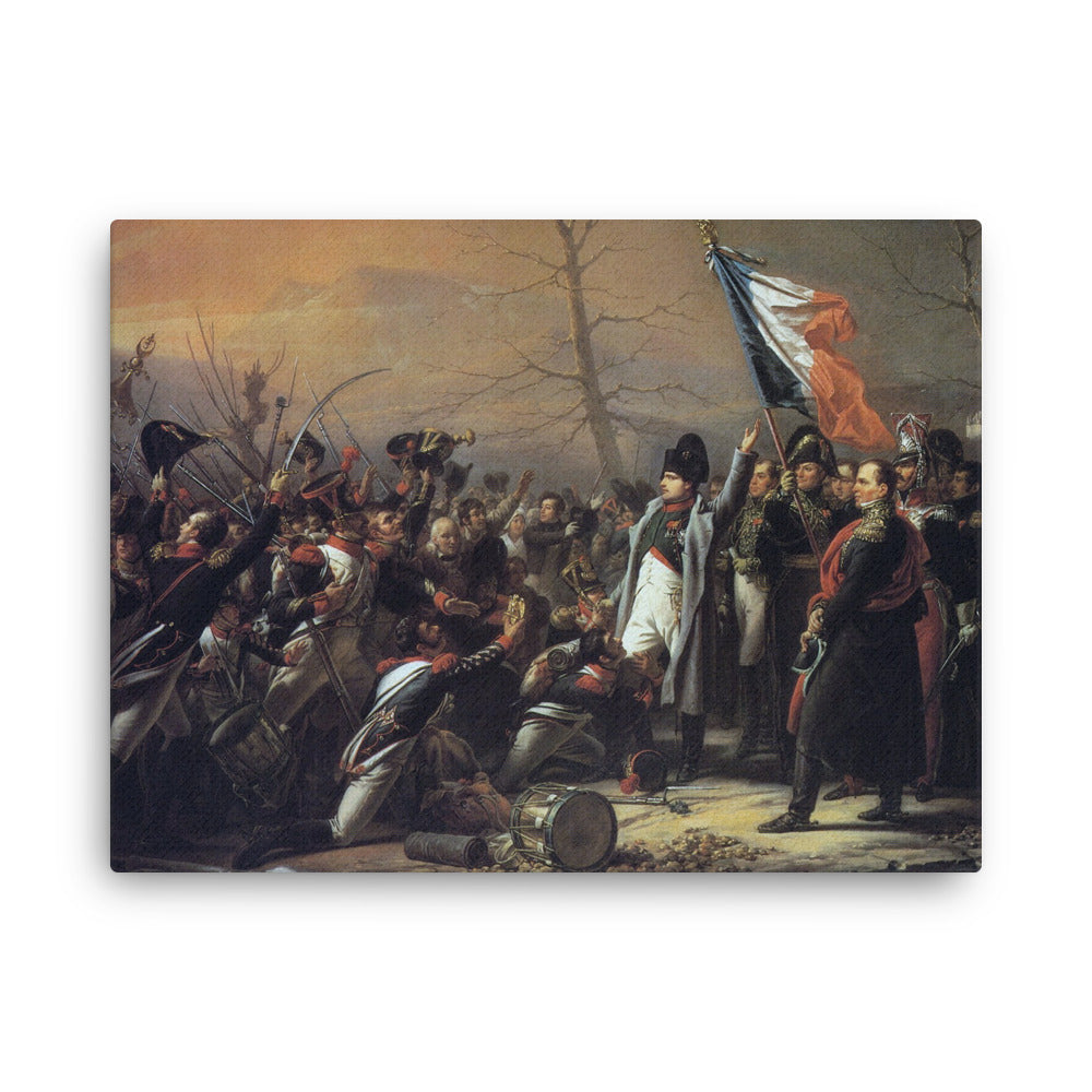 Canvas print of a historical battle scene with figures and flags.
