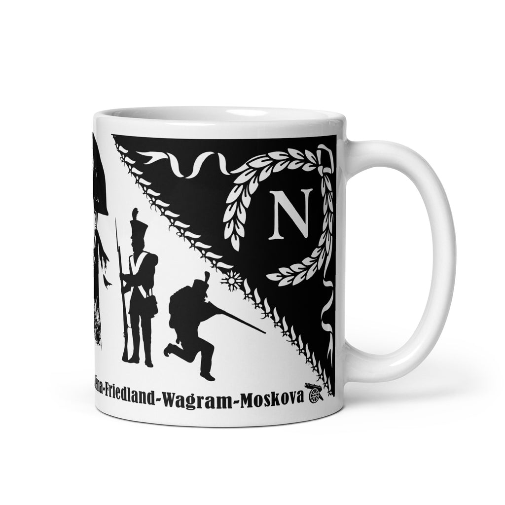 Mug with Napoleon between his miliary and army and the list of all his successful battles from the right