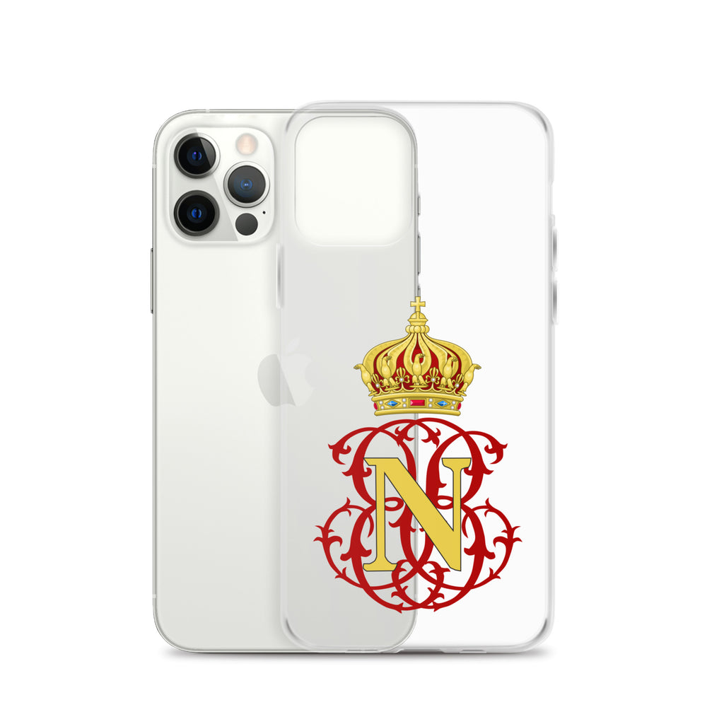 Phone case with a decorative 'N' design and crown on a white historical elegant palace background