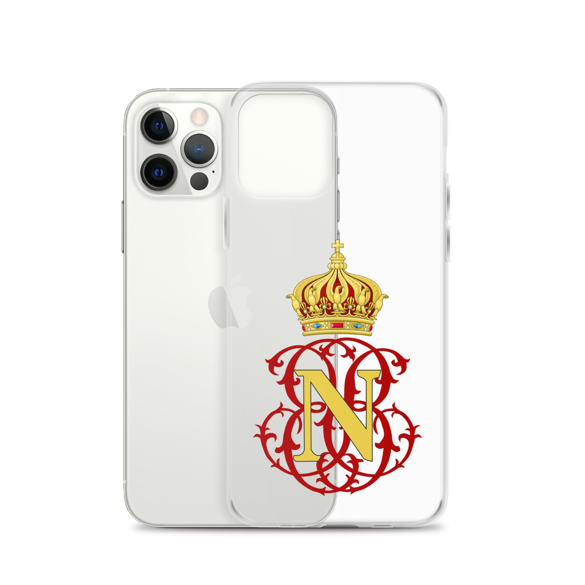 Phone case with a decorative 'N' design and crown on a white historical elegant palace background