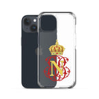 Phone case with a decorative 'N' design and crown on a white apple background of historical event