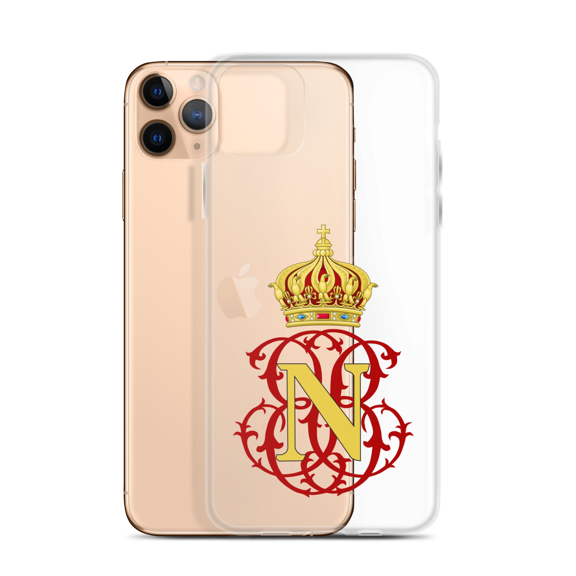 Phone case with a gold crown and red monogram on a white background of a parade of soldiers marching