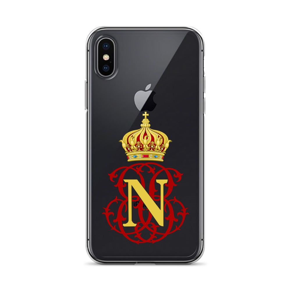 Phone case with a gold crown and red 'N' design on a black background for history enthusiasts