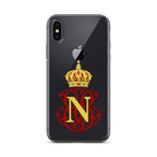 Phone case with a gold crown and red 'N' design on a black background for history enthusiasts