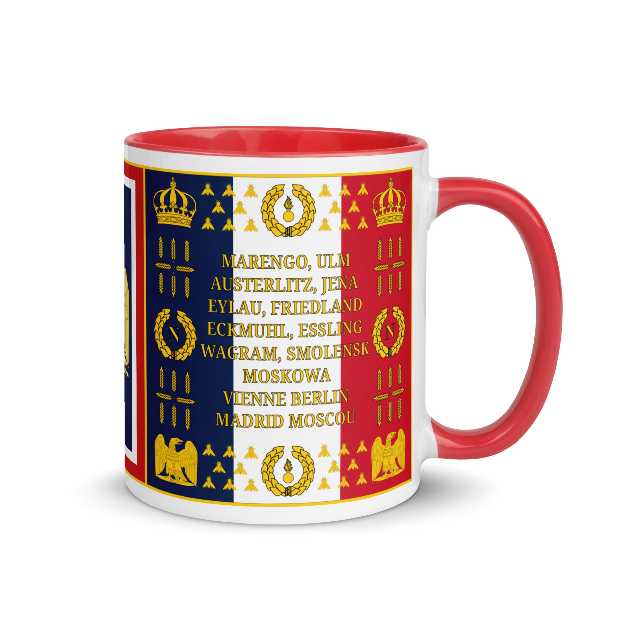 Mug with a design featuring a list of battles fought by the grande armee and imperial symbols and crown