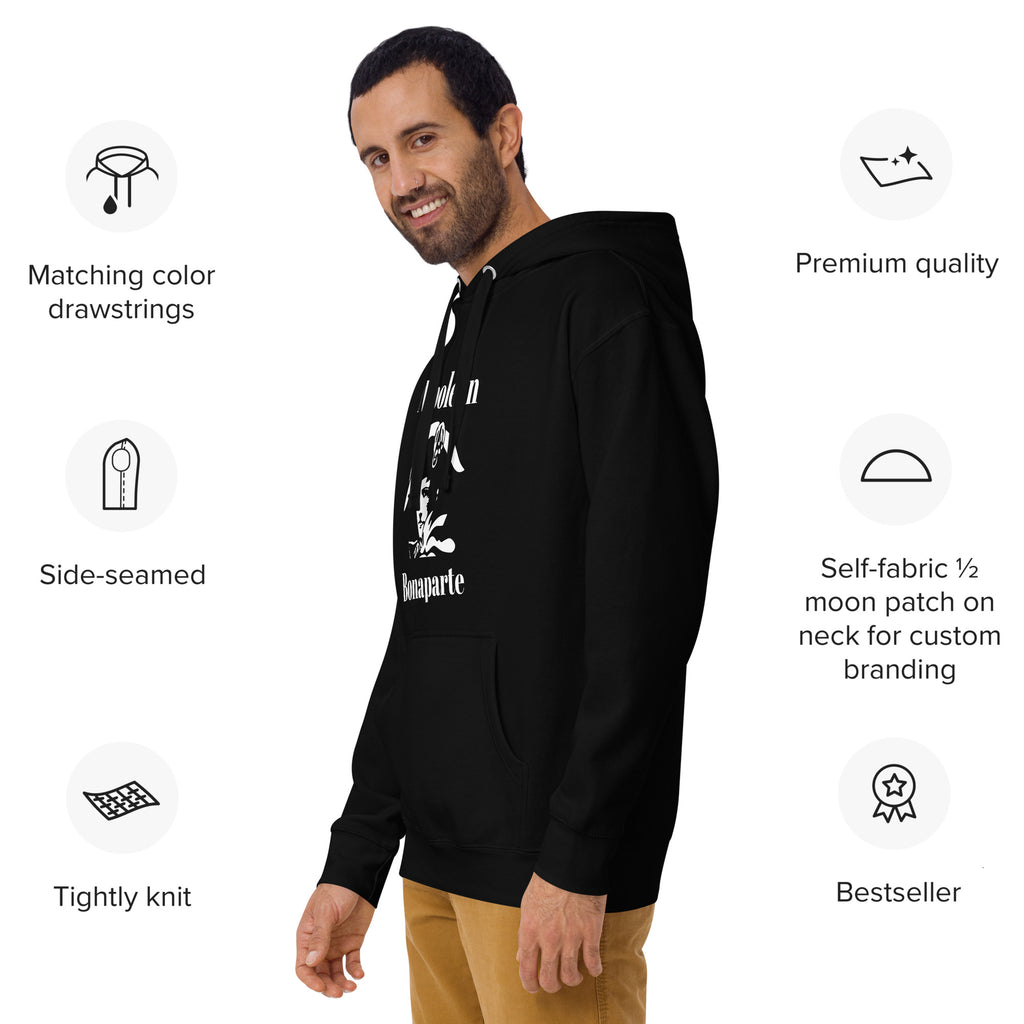 Man wearing a black hoodie with features highlighted on the left and right sides as souvenir in France
