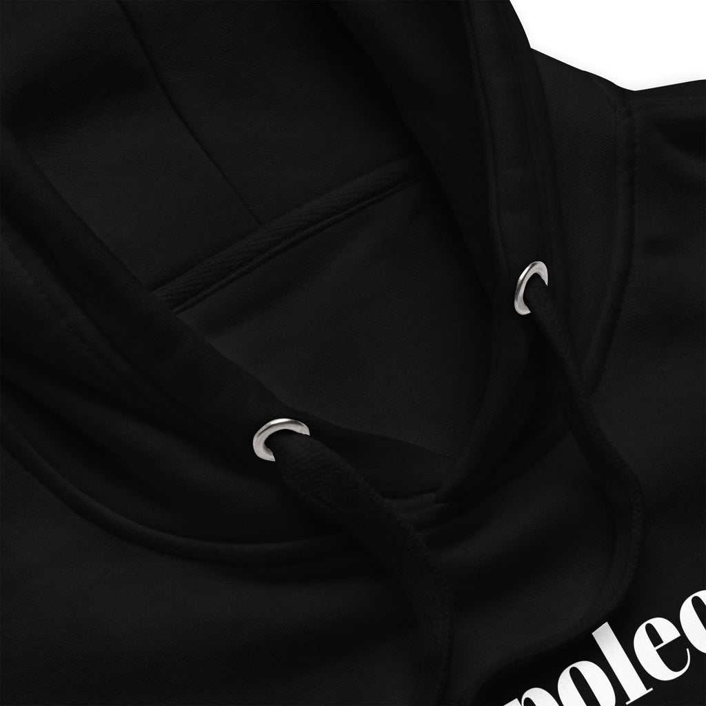 Close-up of a black hoodie with a brand logo on a white background as history souvenir