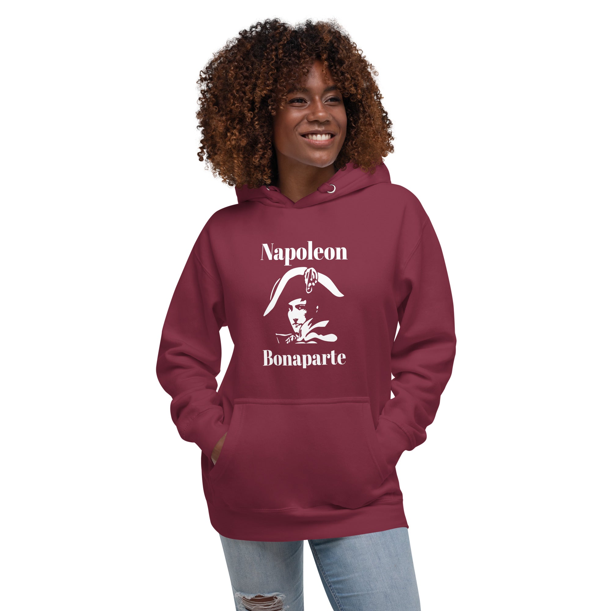 Person wearing a maroon hoodie with 'Decent People' logo on a white background as souvenir