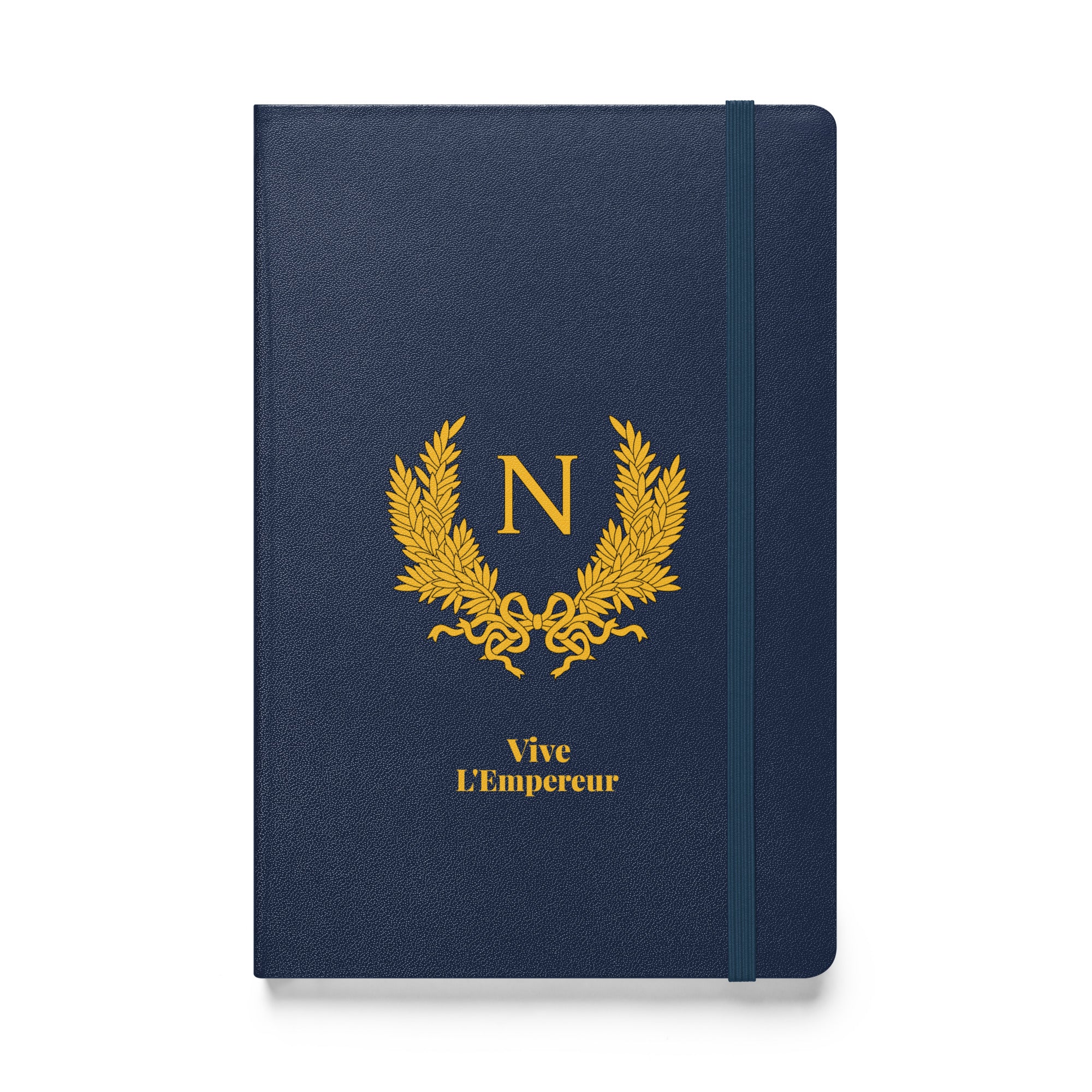 Navy blue notebook with gold emblem and text on a white background