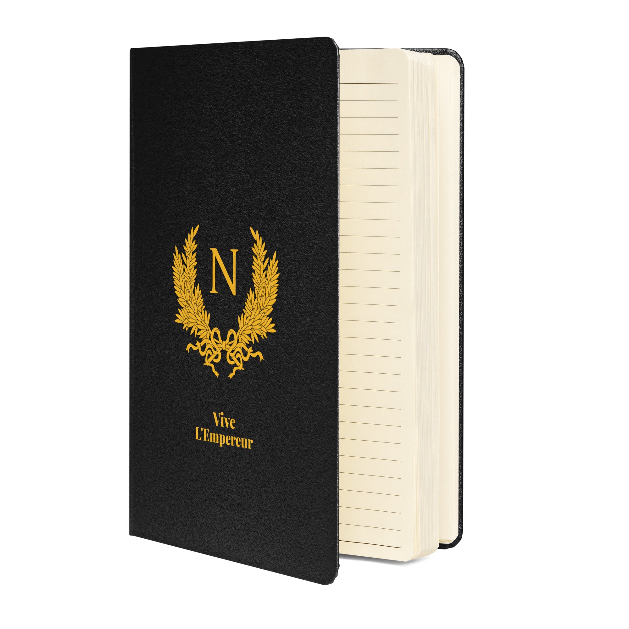 Black notebook with gold emblem and text on a white background