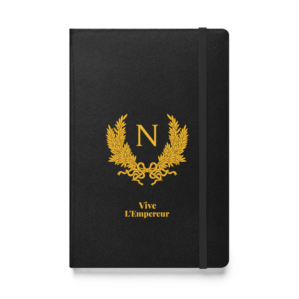 Black notebook with gold emblem and text on a white background