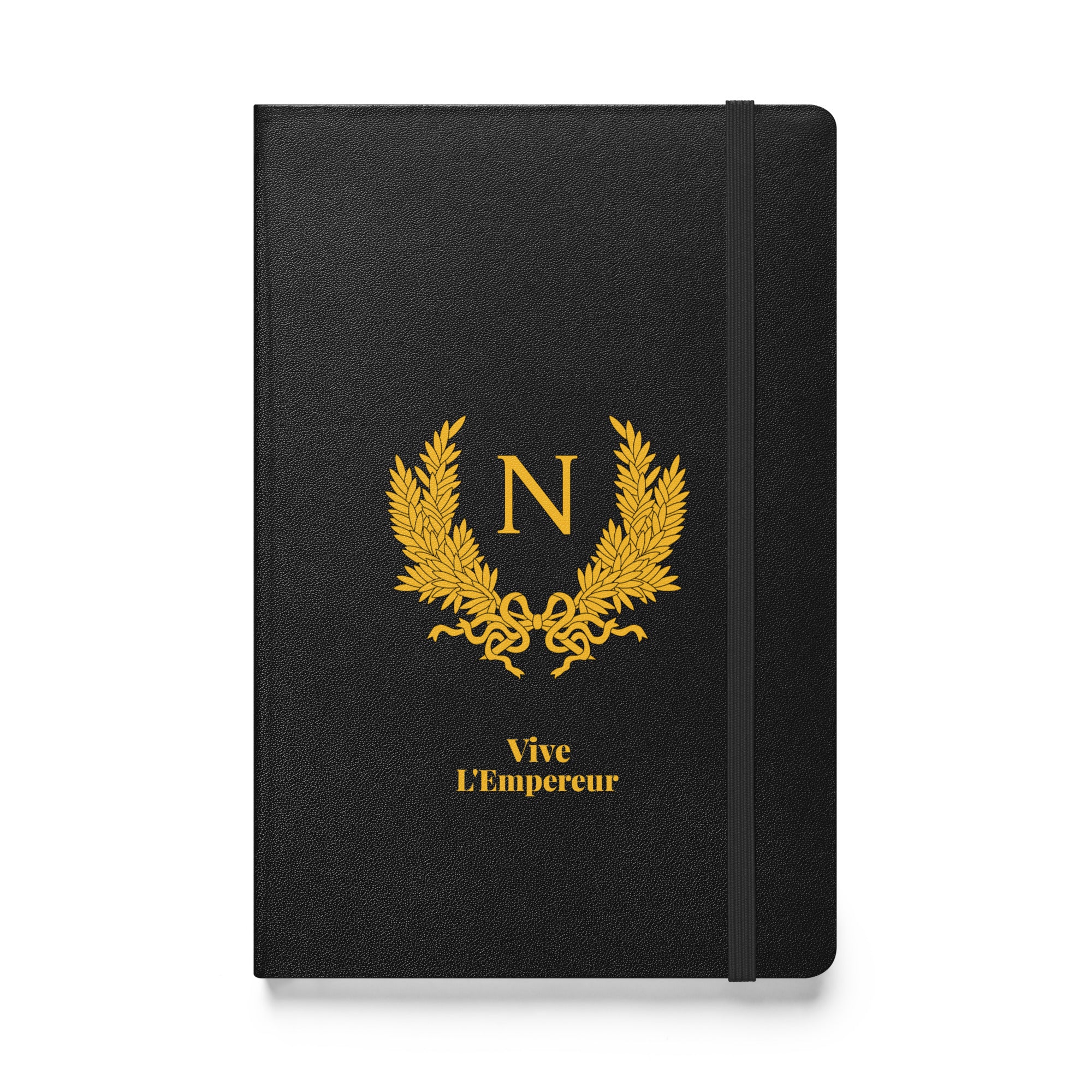 Black notebook with gold emblem and text on a white background