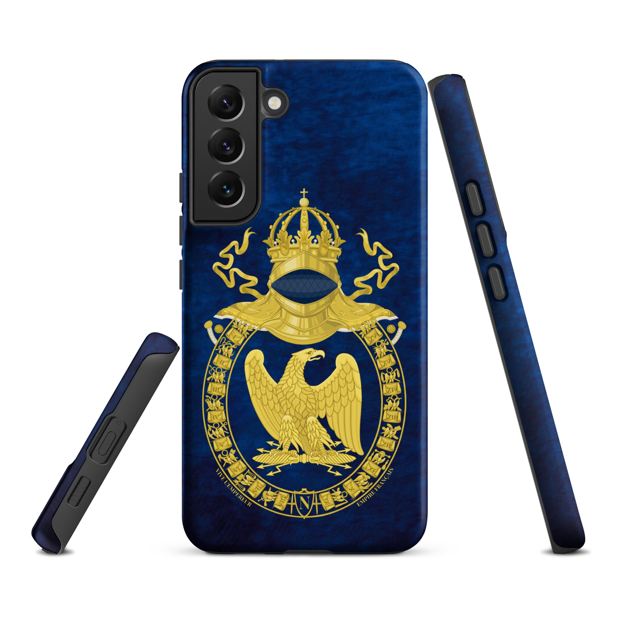 Phone case with gold emblem on a blue background on historical souvenir