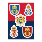 Collection of royal emblems with a red and blue background