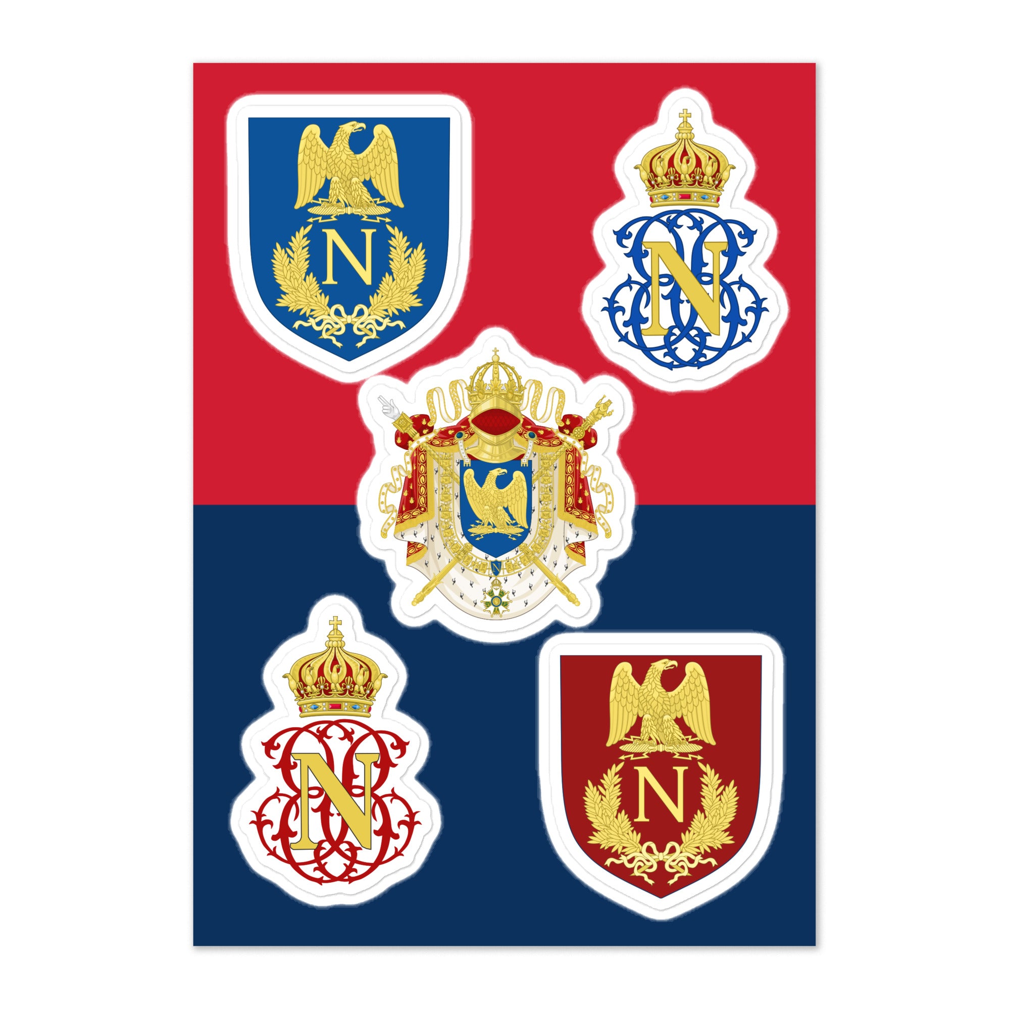 Collection of royal emblems with a red and blue background