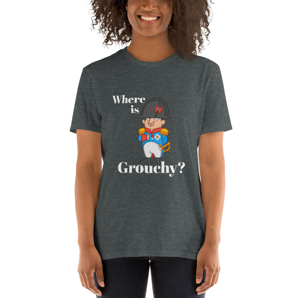 Person wearing a dark gray t-shirt with a cartoon character and text on a white background asking in french language where the general grouchy is