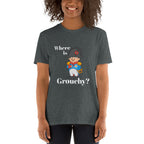 Person wearing a dark gray t-shirt with a cartoon character and text on a white background asking in french language where the general grouchy is