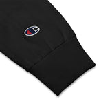 Black sweatshirt sleeve with a champion logo on a white background in high quality