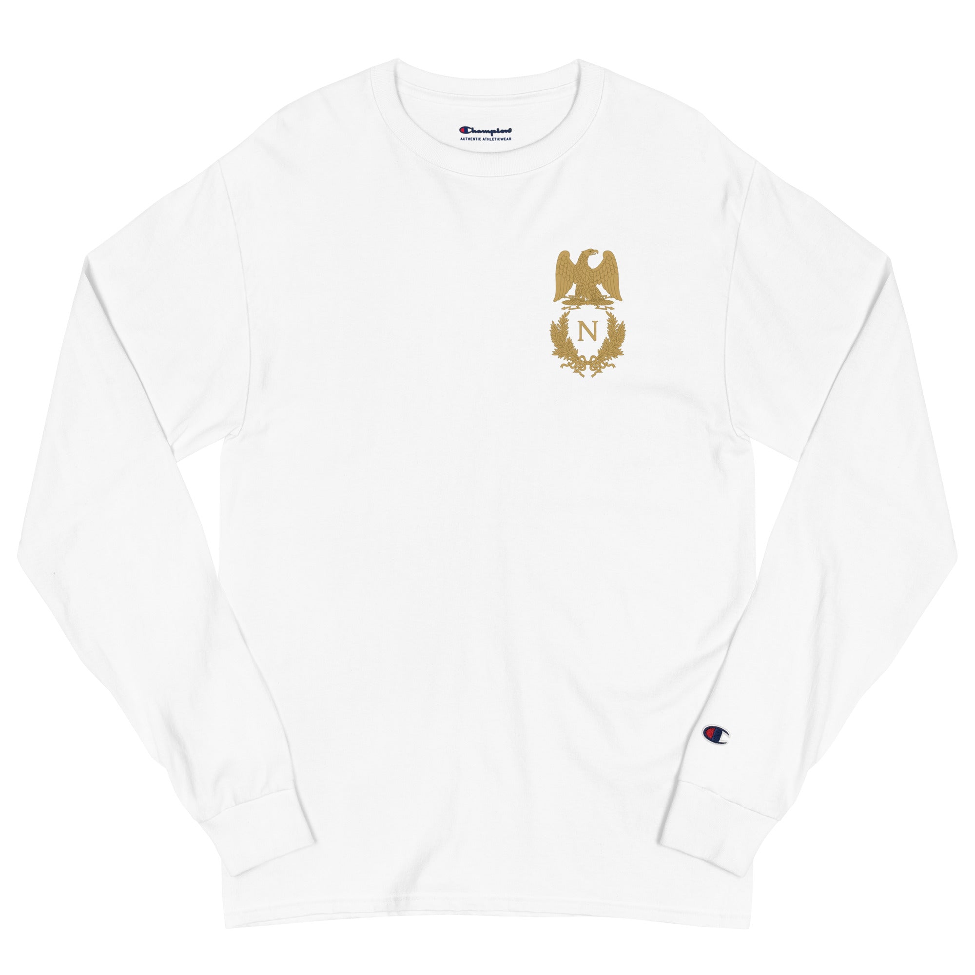 White long-sleeve shirt with gold emblem on a white background