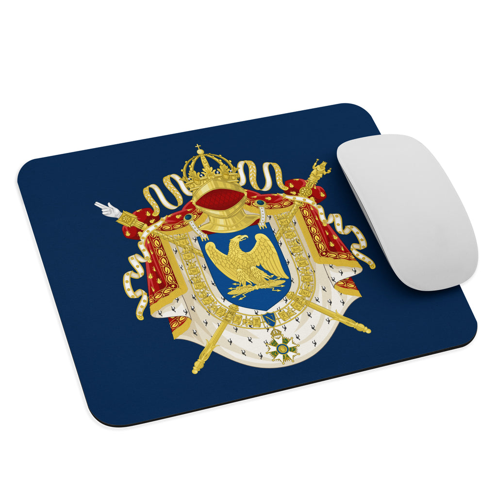 Mouse pad with coat of arms of the First French Empire and a HP Mouse on top of it