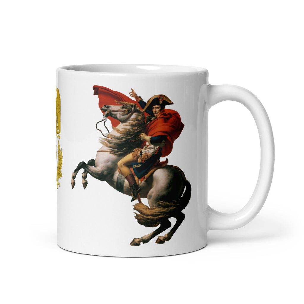 Mug with a depiction of a person on a horse, possibly a historical figure, on a white background.