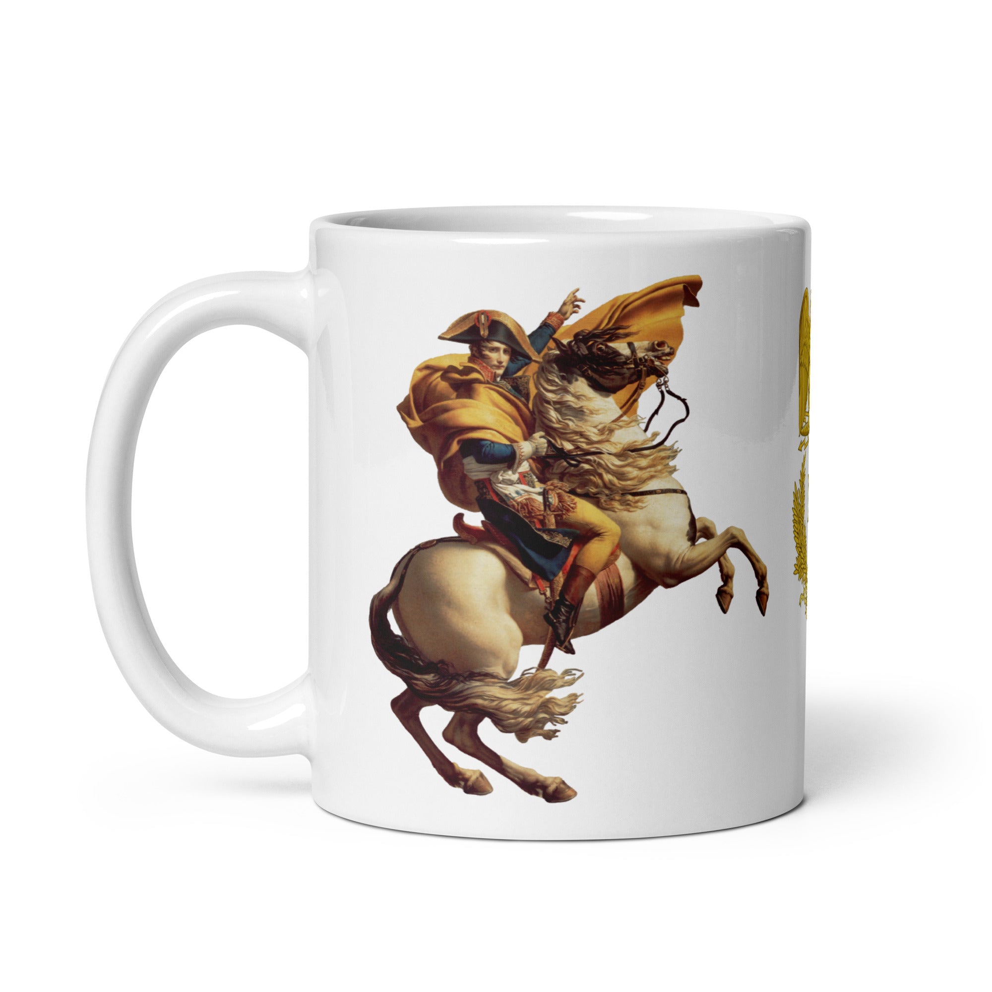 White mug with a graphic of a person on a rearing horse