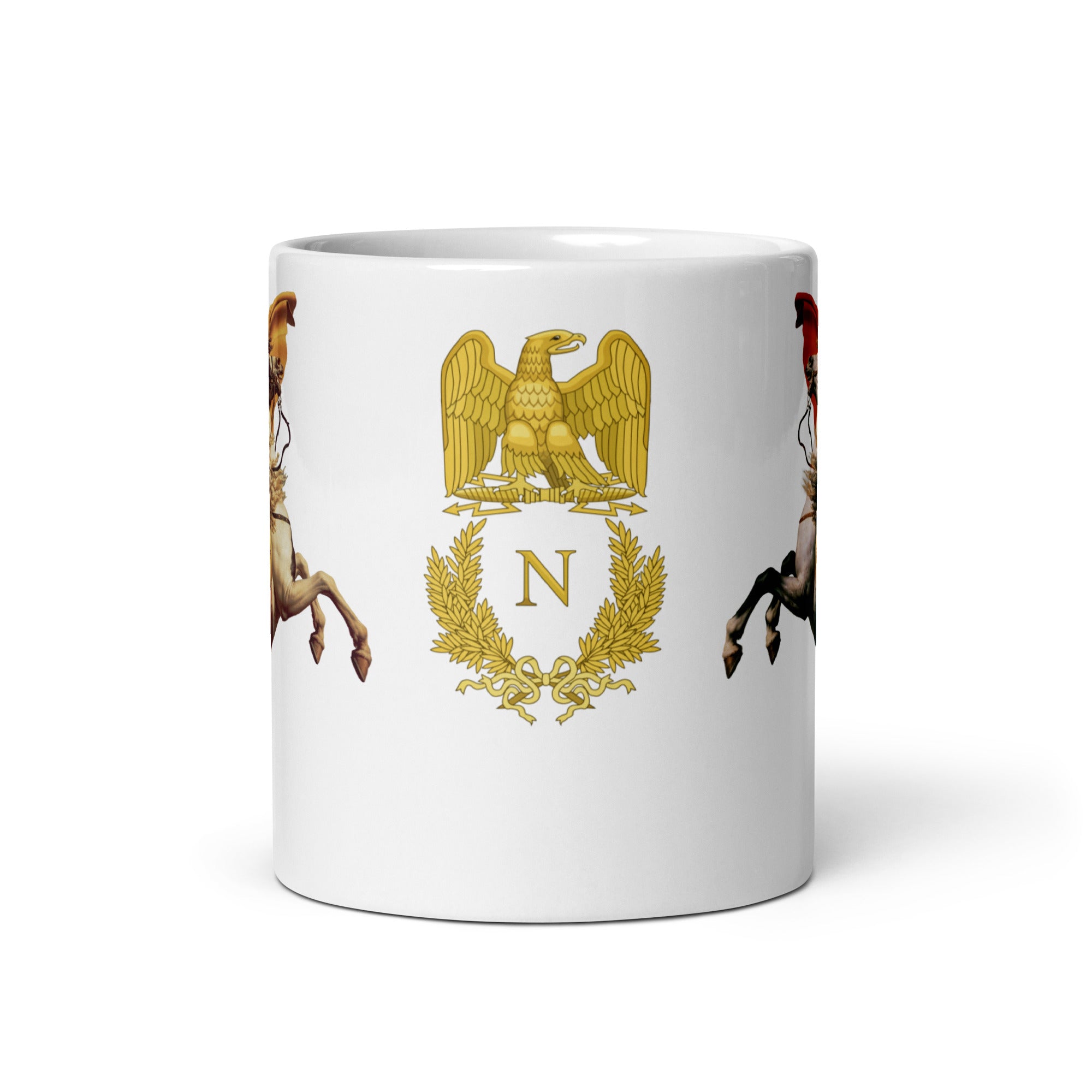 White mug with gold emblem and horse design on a white background