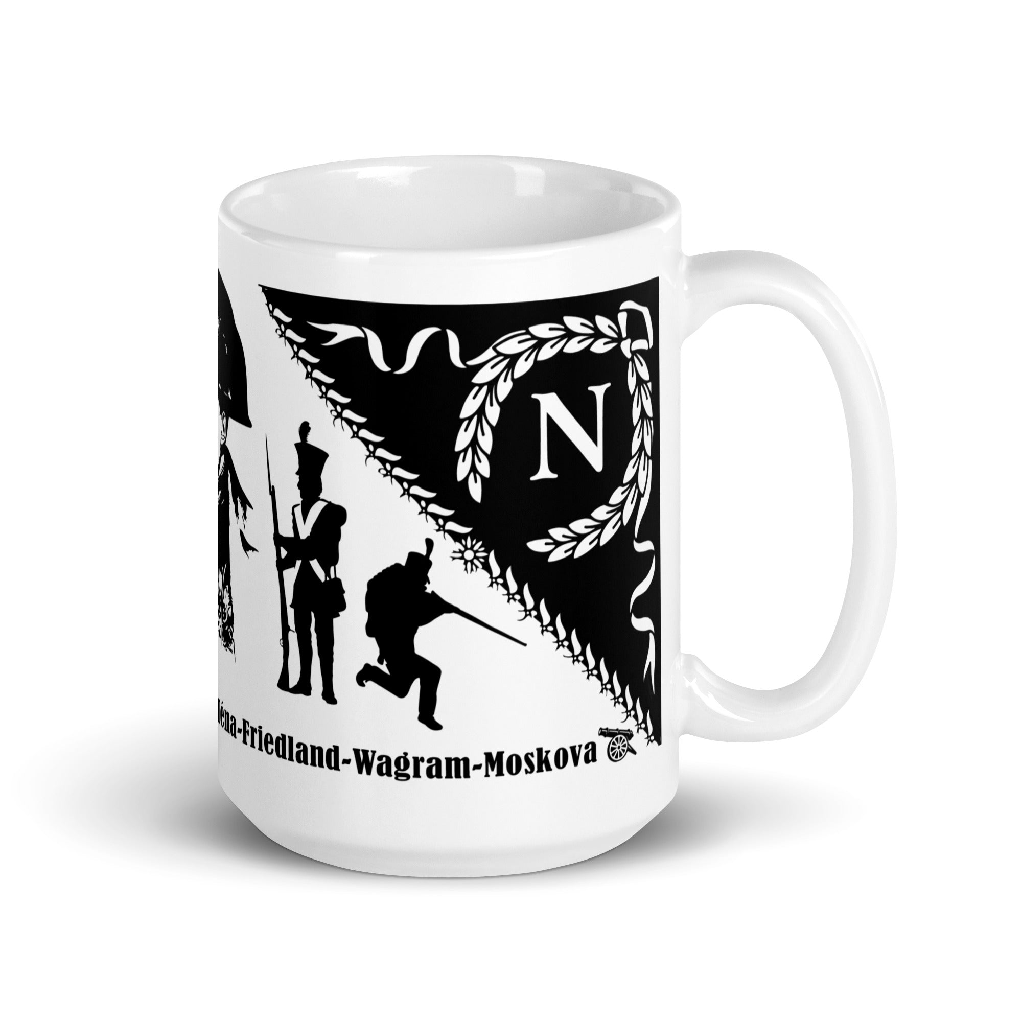 Mug with Napoleon between his miliary and army and the list of all his successful battles