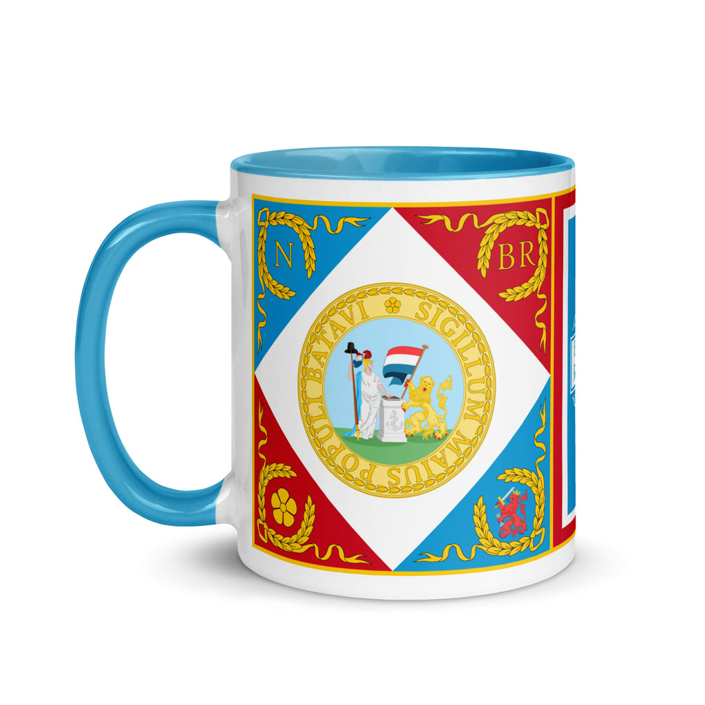 Great Seal of the Batavian Republic on a mug with blue color and histoy of Netherlands
