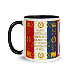 Mug with Napoleon-themed design featuring text and symbols on a white background with soldiers banner