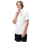 Person wearing a white polo shirt with a logo on a white background