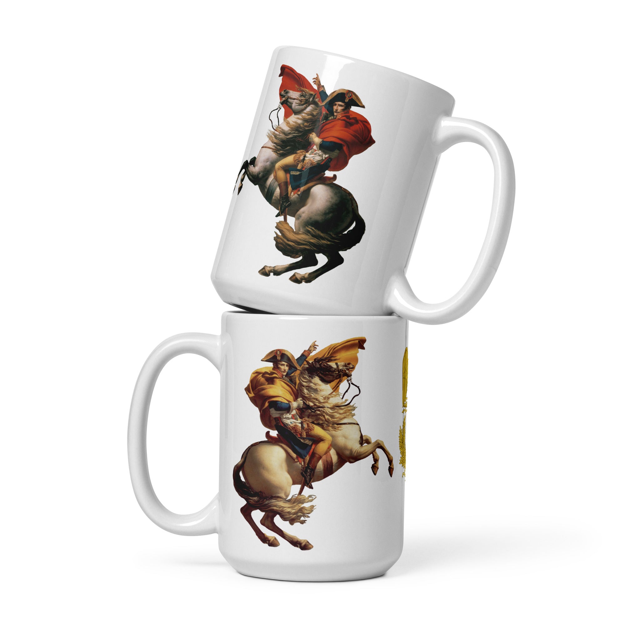 Two stacked mugs with warrior and horse design on a white background