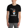 Person wearing a black t-shirt with a cartoon character and text on a white background with Napoleon asking where grouchy is