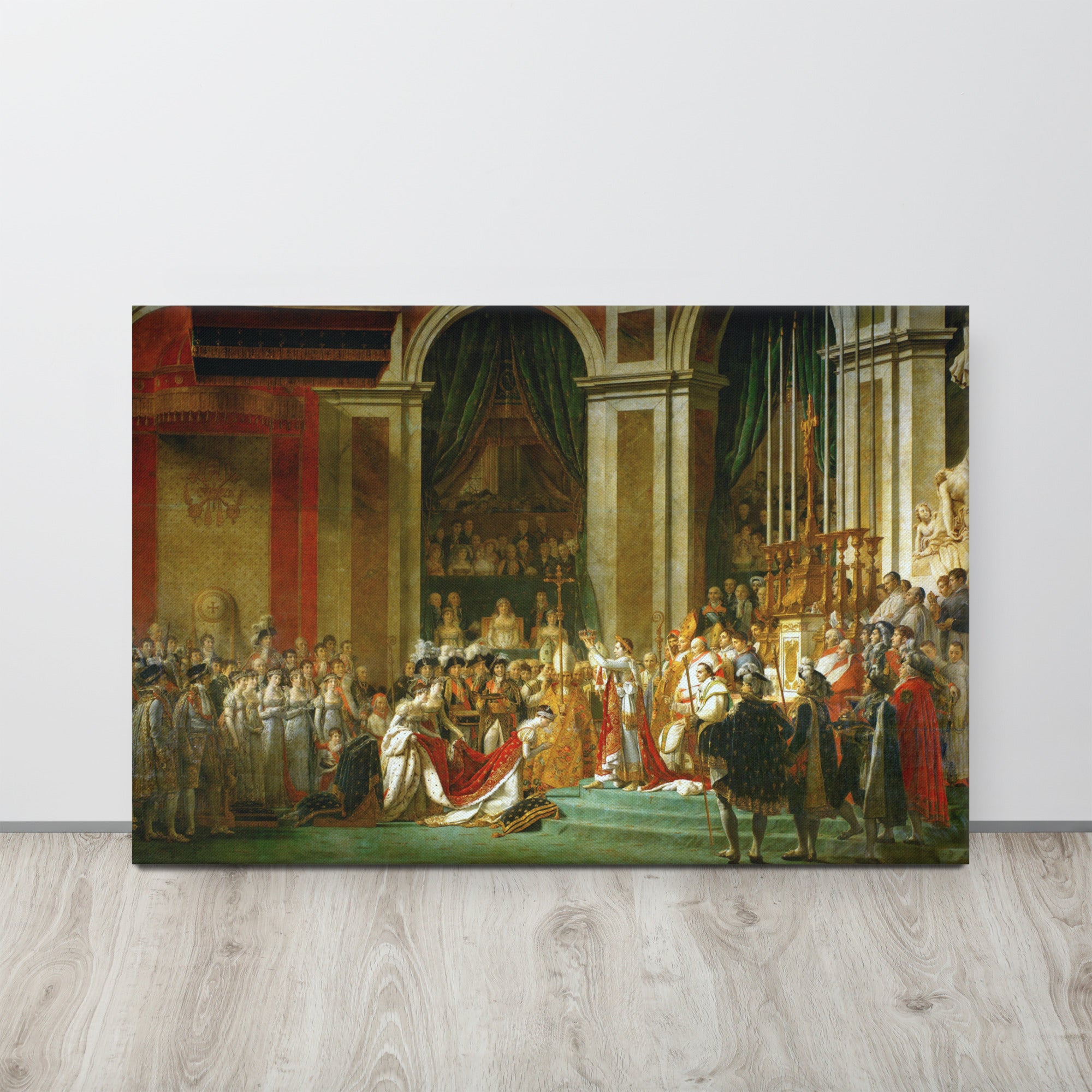 Historical painting of a grand ceremony with people in formal attire on a wooden floor.