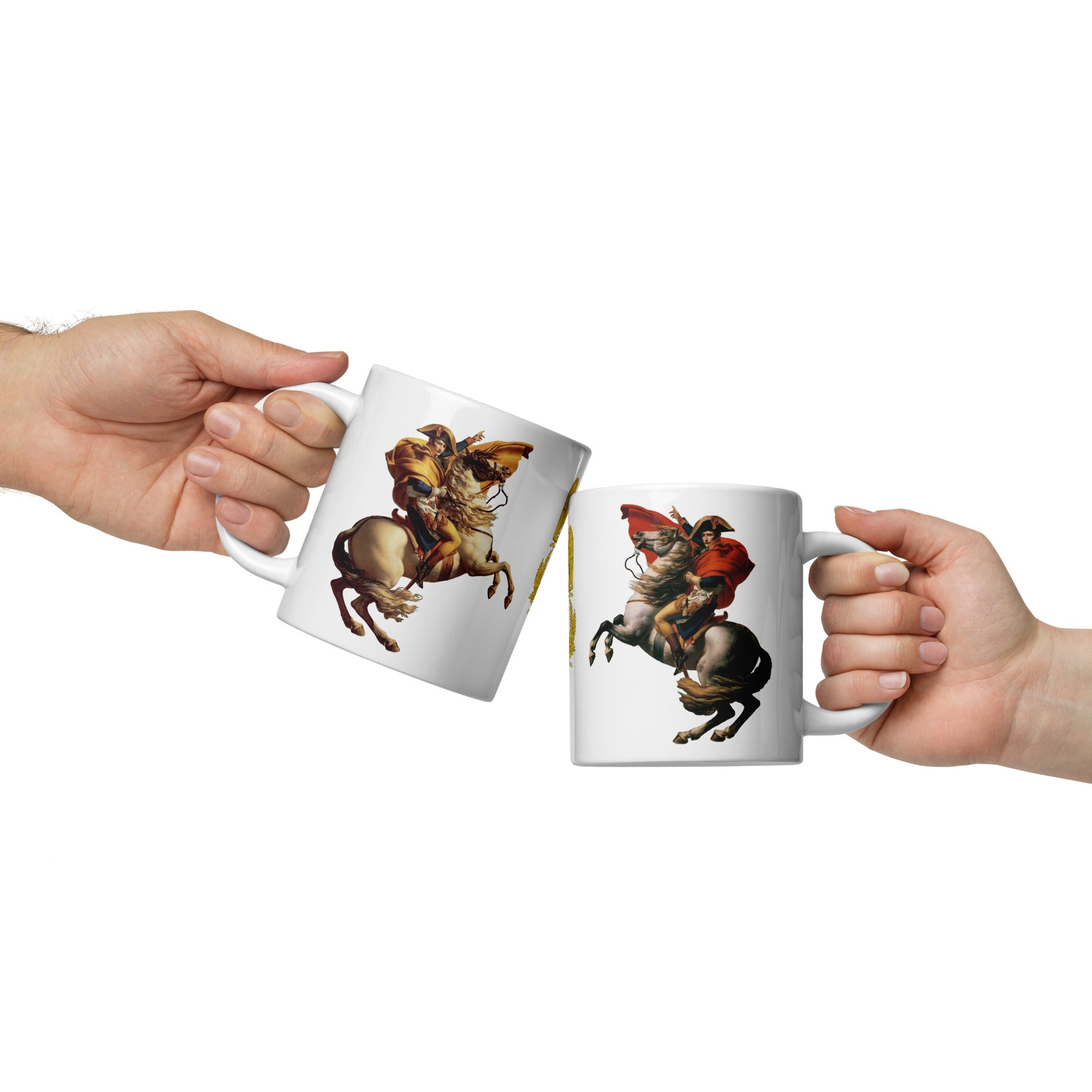 Two hands holding mugs with fantasy character designs on a white background