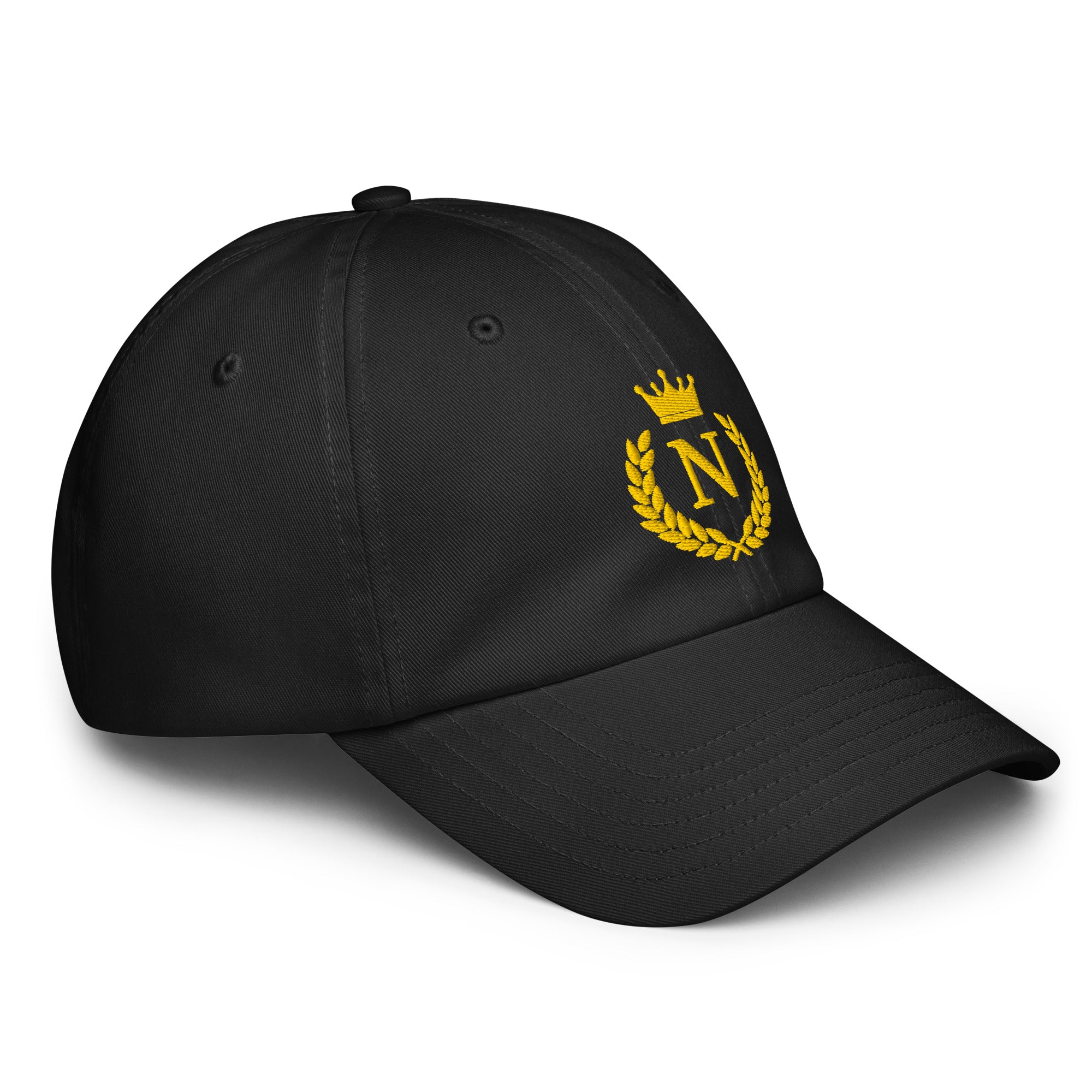Black cap with yellow logo on a white background with french empire art