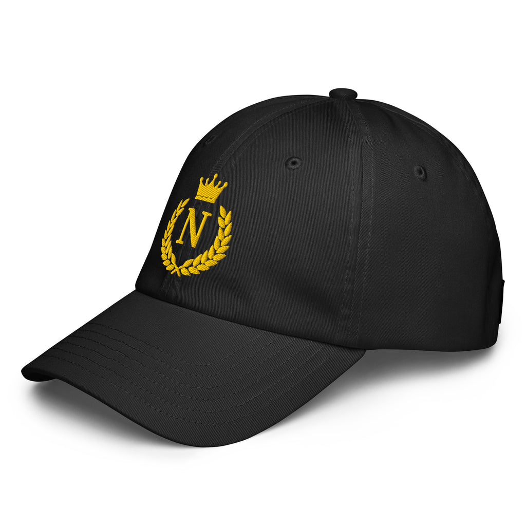 Black cap with yellow emblem on a white background napoleon