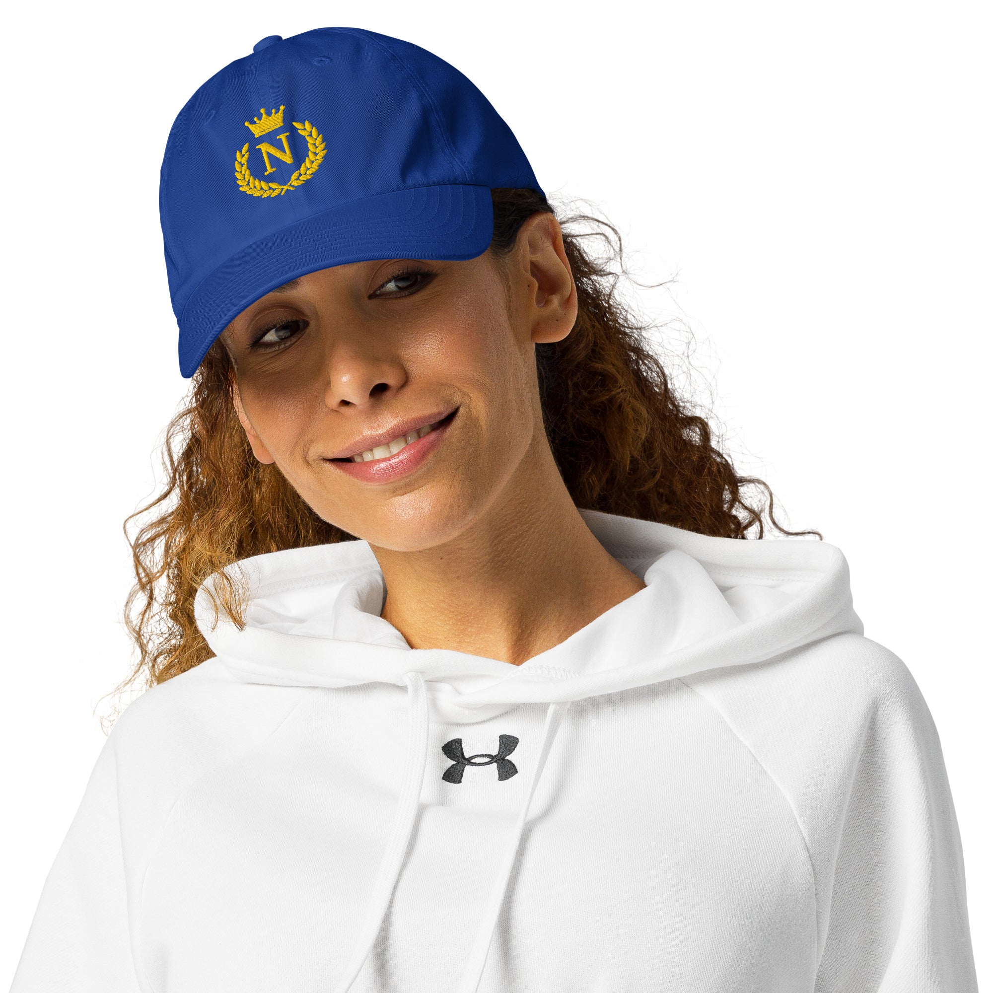 Woman wearing a blue cap with a Napoleonic logo and a white hoodie on a white background during the war of the sixth coalition